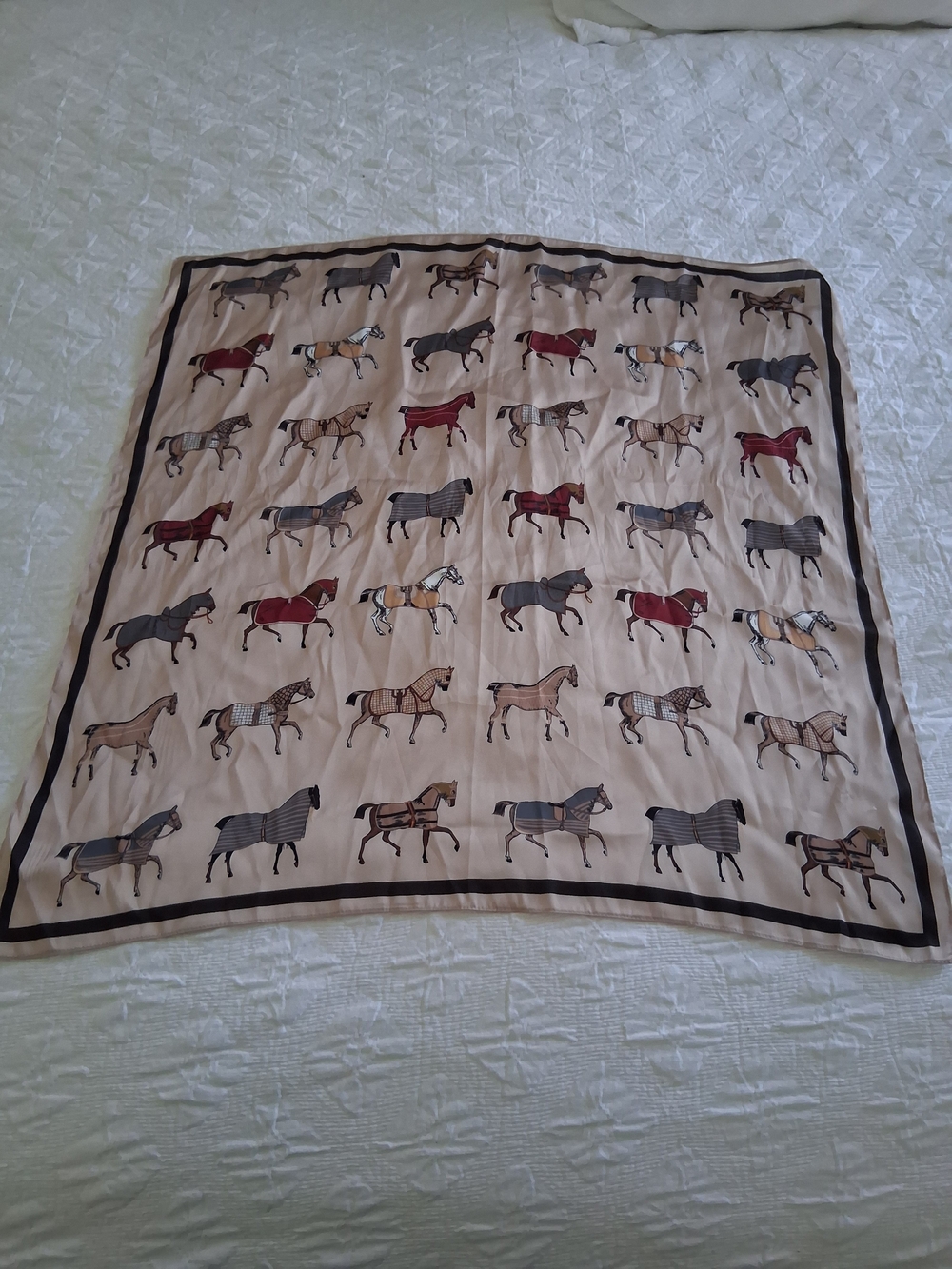 Horse-Print Satin Square Scarf 28 X 28" Beige Browm Multi